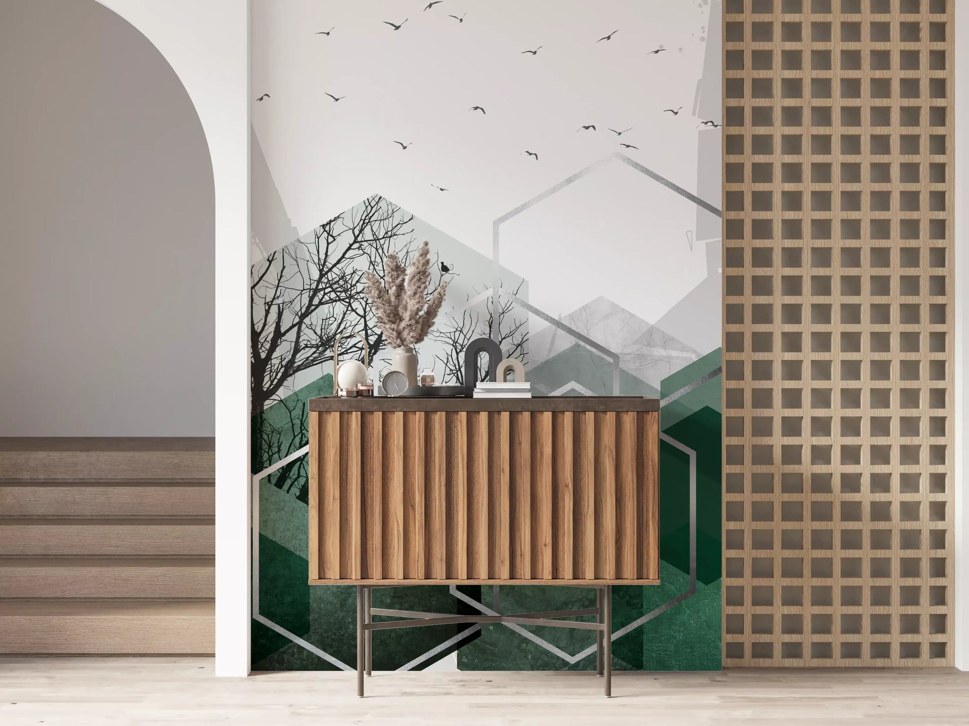 Textured wall mural with silver geometric outlines and avian silhouettes., GD10279