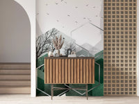 Textured wall mural with silver geometric outlines and avian silhouettes., GD10279