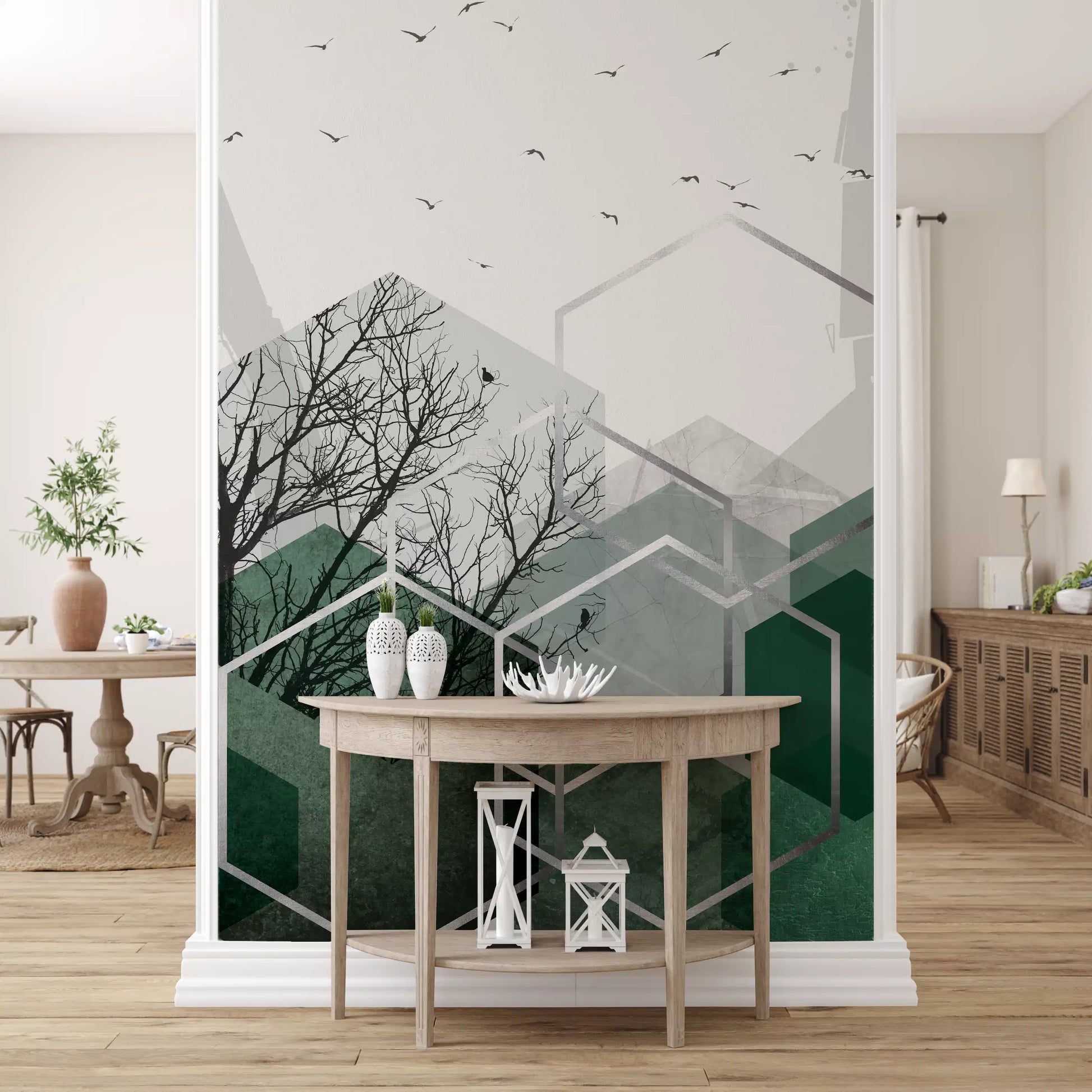 Minimalist wall mural with overlapping grey hexagons and trees., GD10279
