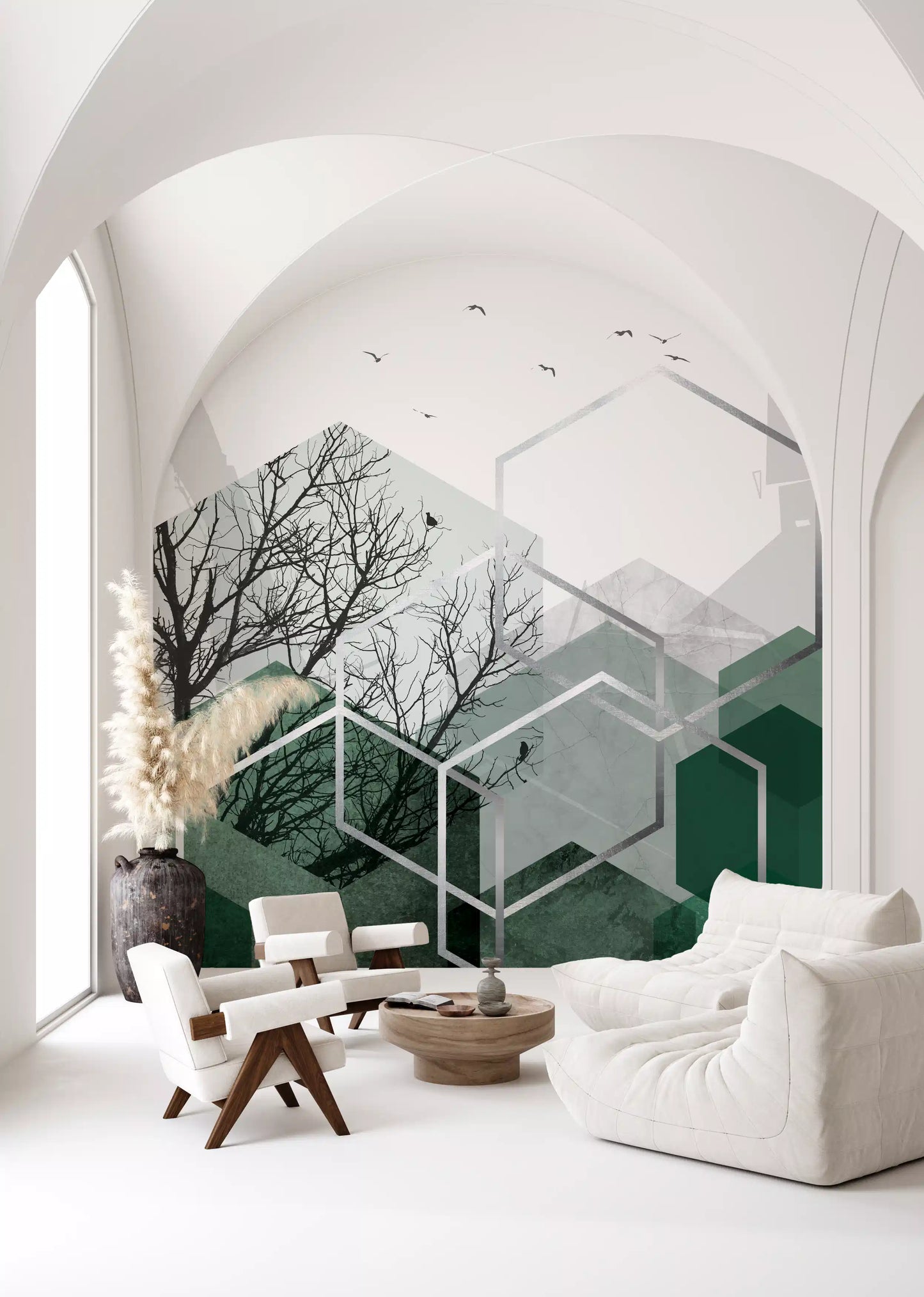 Geometric Birds Wall Mural with a white background and bird motifs., GD10279