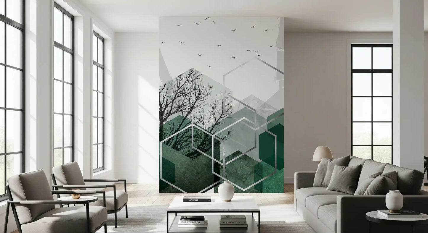 Modern wall mural displaying geometric landscape with birds and trees., GD10279
