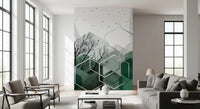 Modern wall mural displaying geometric landscape with birds and trees., GD10279