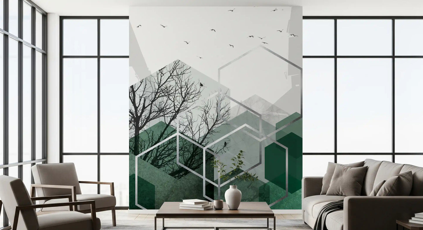 Living room wall mural with dark green hexagons and bare tree branches., GD10279