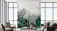 Living room wall mural with dark green hexagons and bare tree branches., GD10279