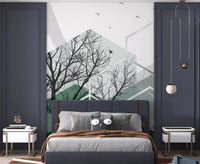 Geometric Canopy Birds Wall Mural featuring silver lines and birds in kids bedroom., GD10279