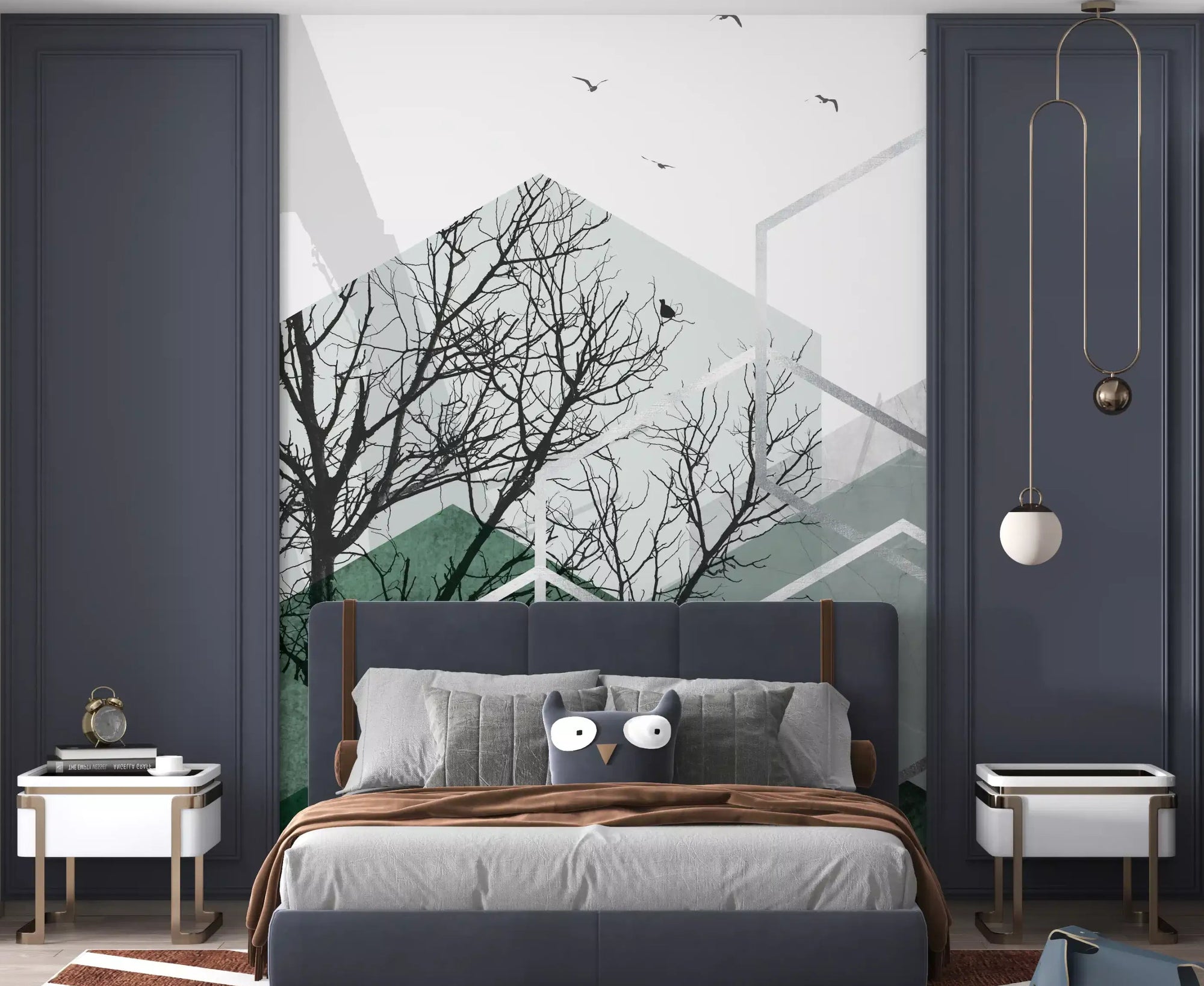 Geometric Canopy Birds Wall Mural featuring silver lines and birds in kids bedroom., GD10279