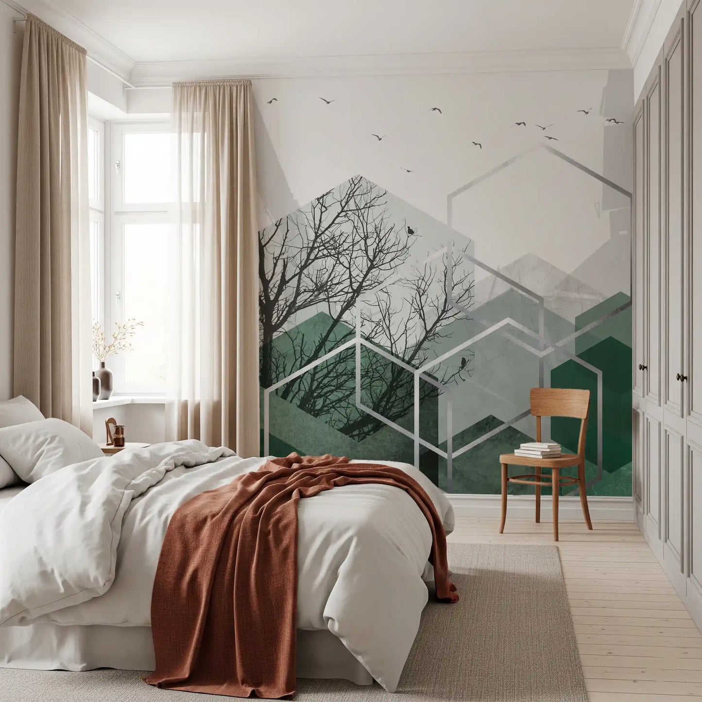 Bedroom wall mural featuring hexagonal frames and grey and green tones., GD10279