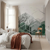 Bedroom wall mural featuring hexagonal frames and grey and green tones., GD10279