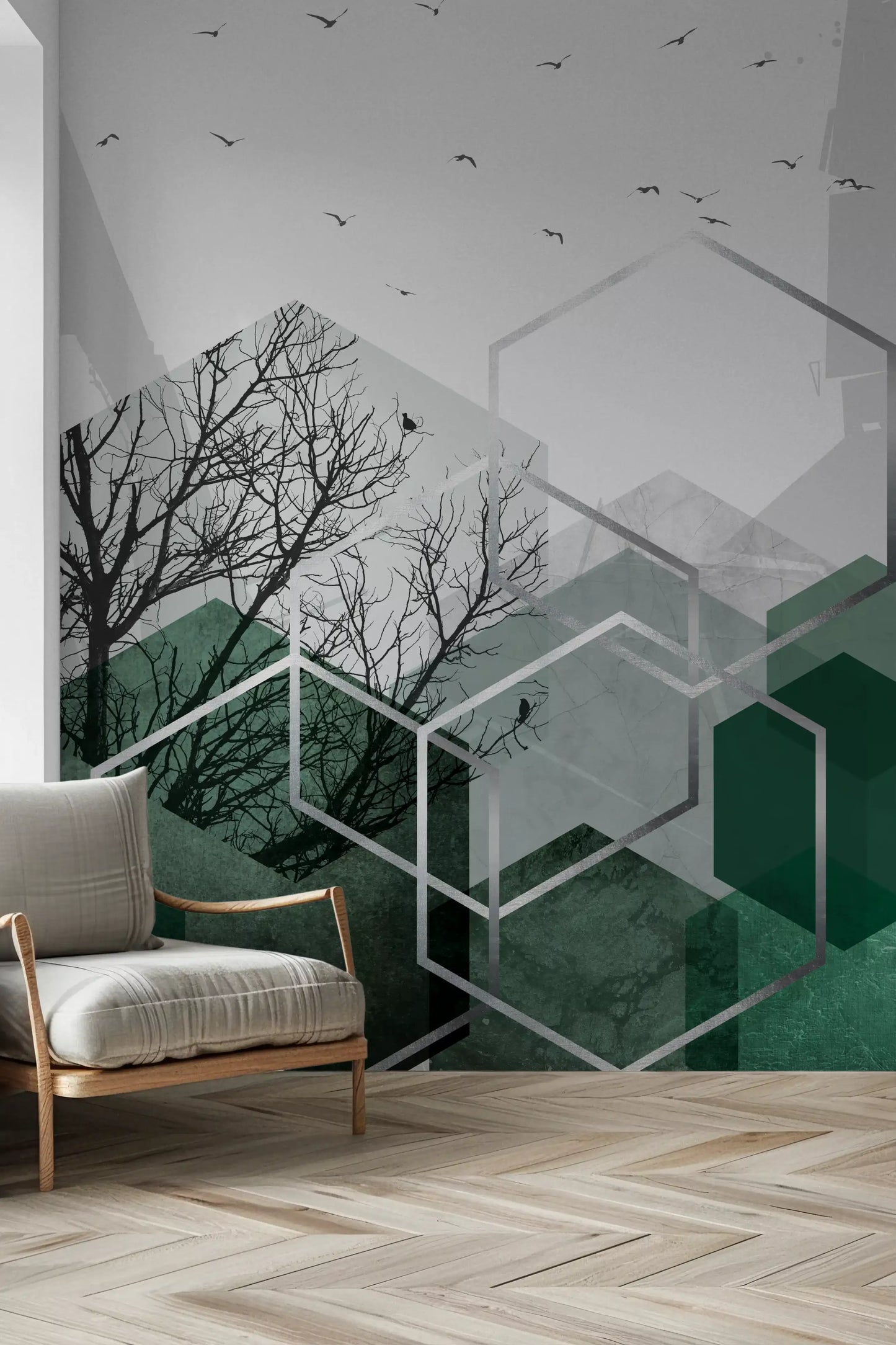 Hallway wall mural with clean silver lines and natural green elements., GD10279