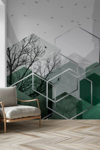 Hallway wall mural with clean silver lines and natural green elements., GD10279