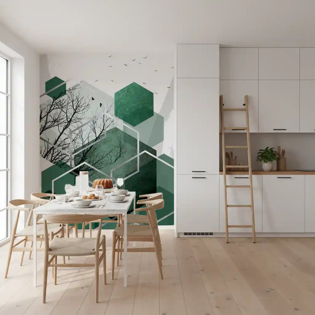 Dining room wall mural with dark green hexagons and grey geometric lines., GD10280