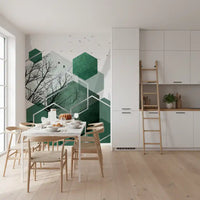 Dining room wall mural with dark green hexagons and grey geometric lines., GD10280