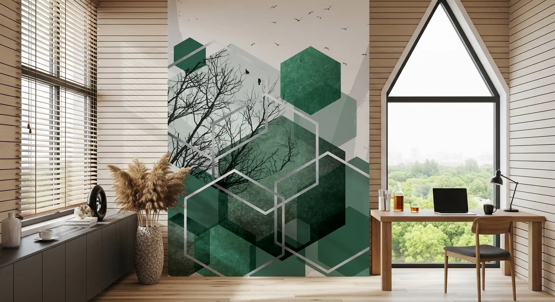 Study roon wall mural featuring a repetitive pattern of forest-inspired shapes., GD10280