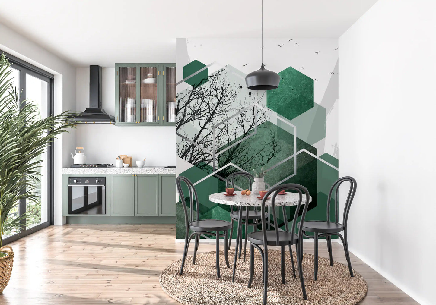 Abstract wall mural displaying birds in flight against a geometric backdrop., GD10280