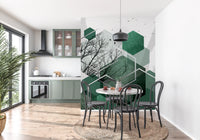 Abstract wall mural displaying birds in flight against a geometric backdrop., GD10280