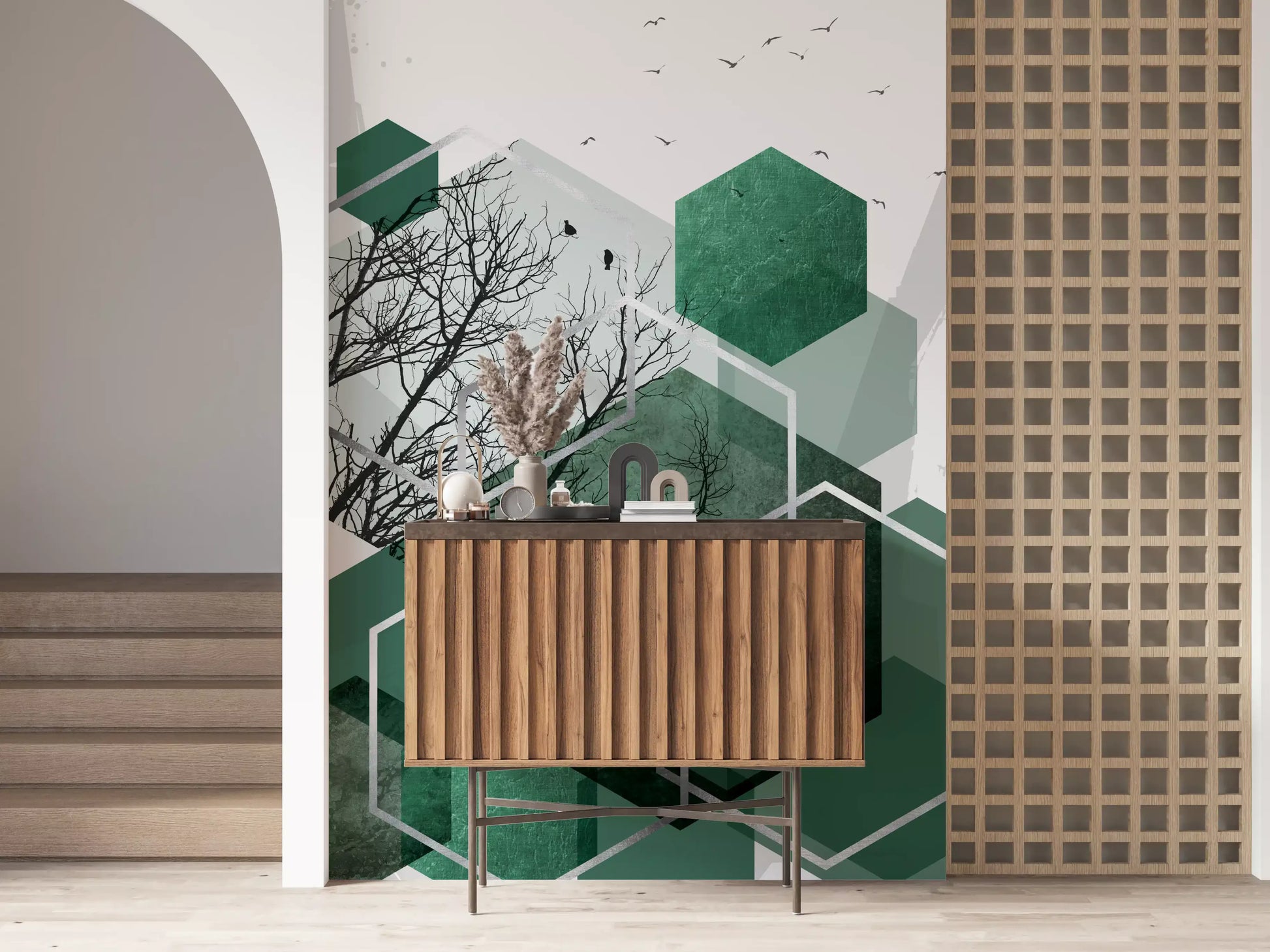Modern wall mural features silver outlines and deep green hexagonal shapes., GD10280