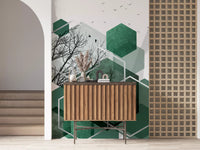 Modern wall mural features silver outlines and deep green hexagonal shapes., GD10280