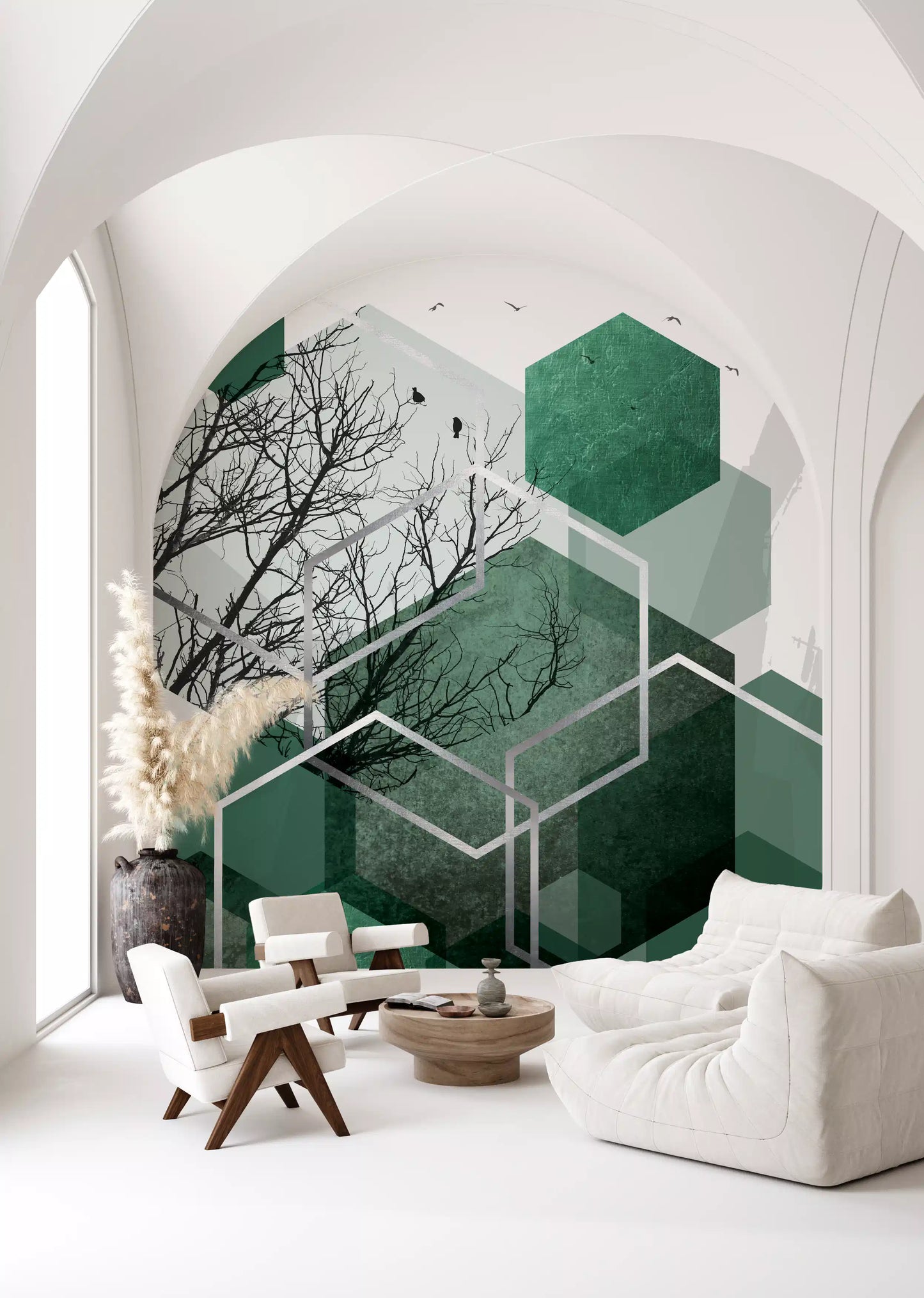 Feature wall mural displaying clean lines and a structured green forest theme., GD10280