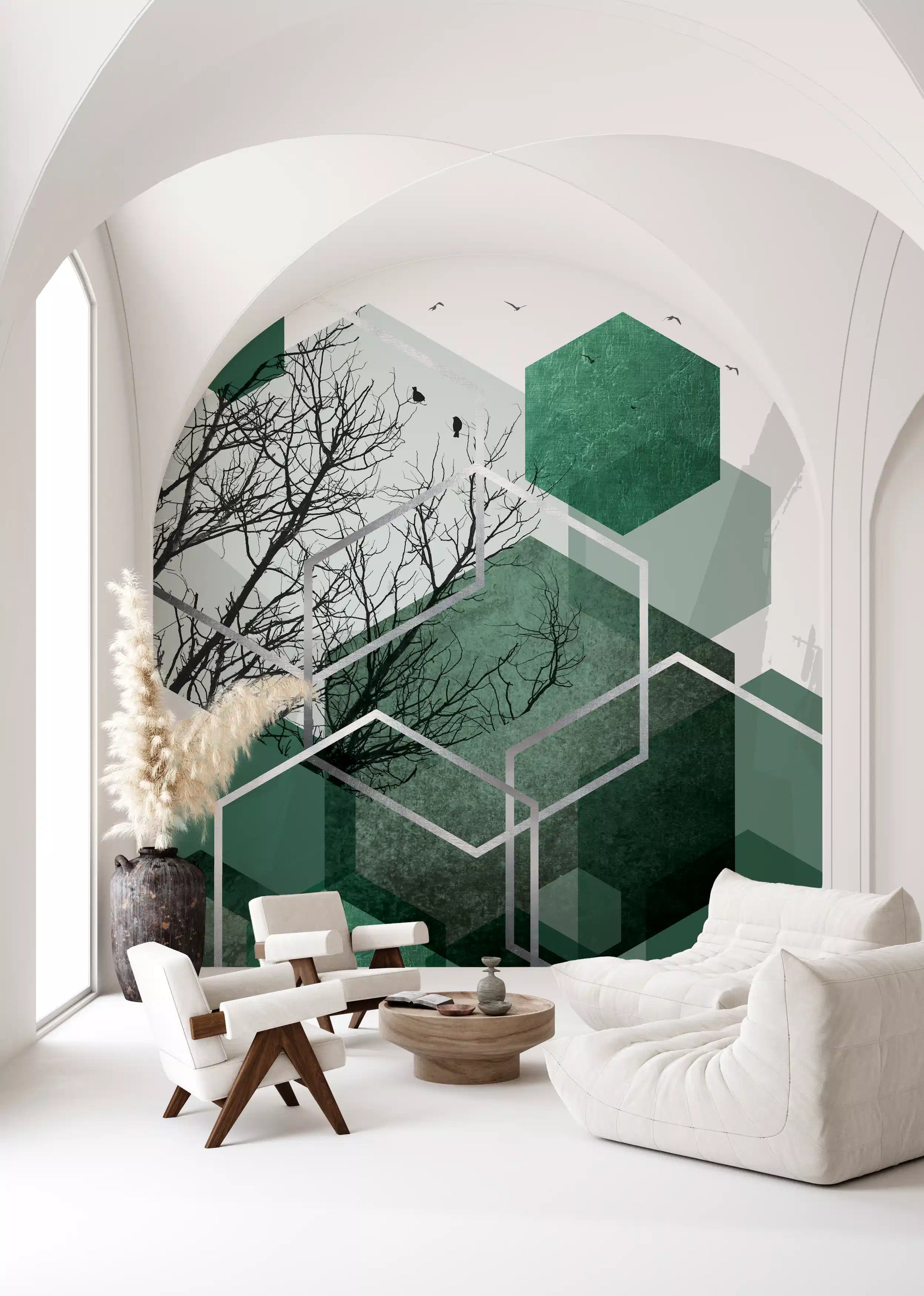 Feature wall mural displaying clean lines and a structured green forest theme., GD10280