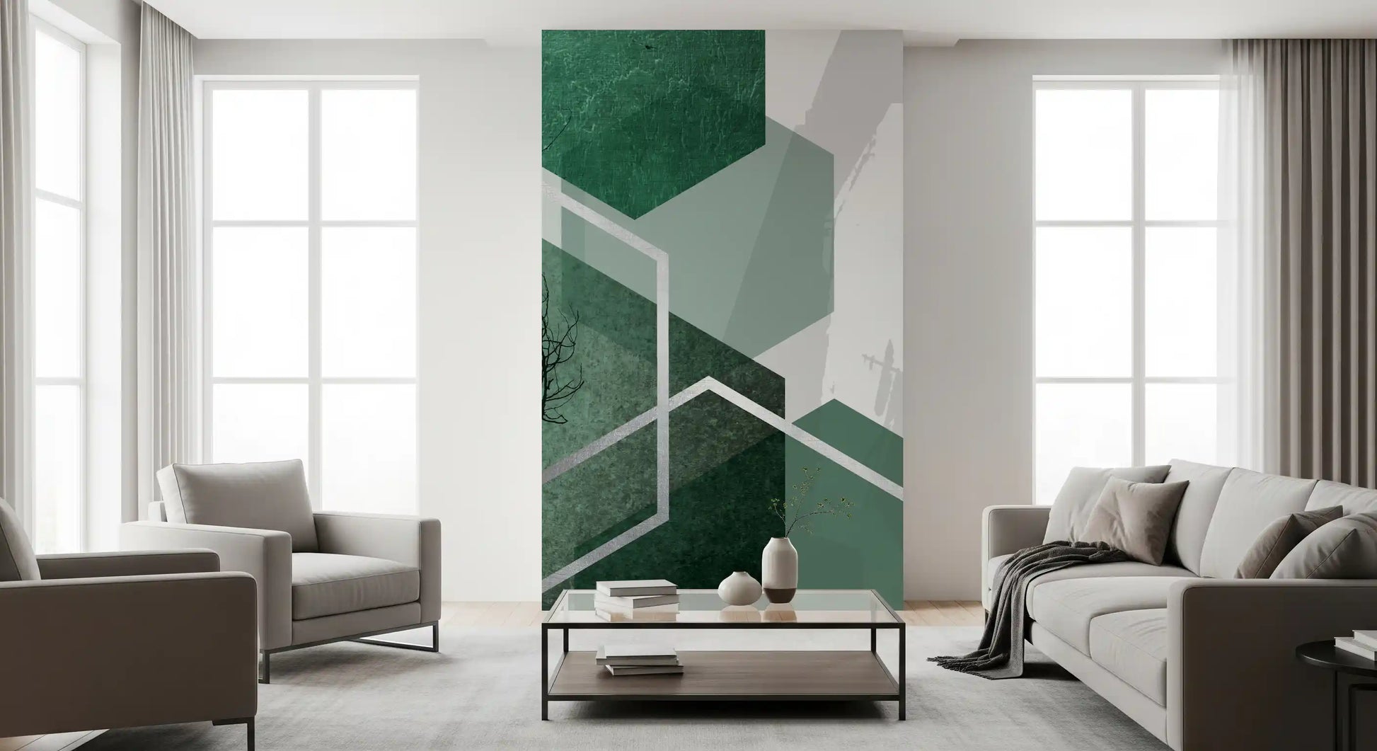 Living area wall mural with a clear structure of overlapping polygons and birds., GD10280