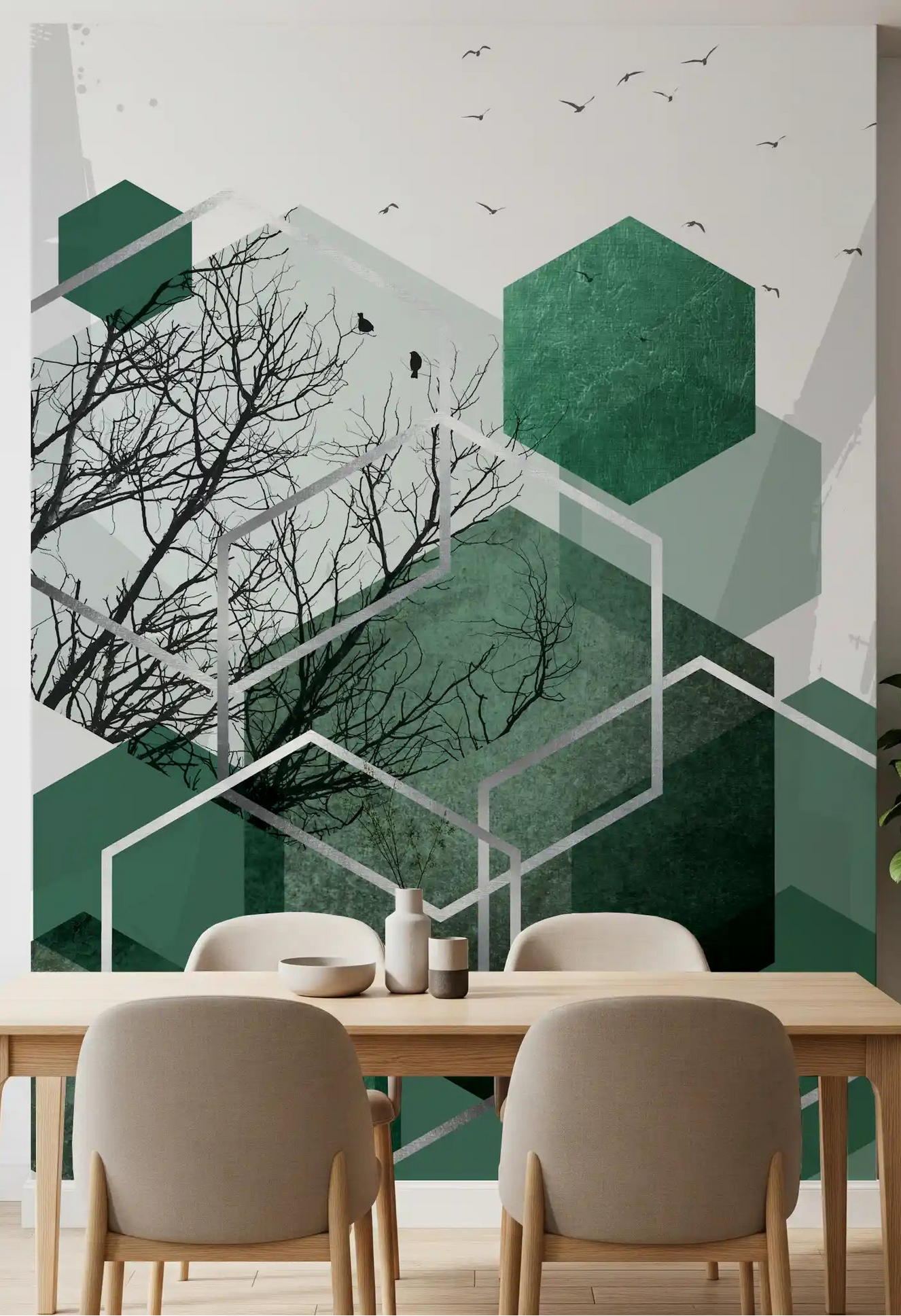 Geometric Canopy Flight Wall Mural with hexagonal shapes and birds in dining room.