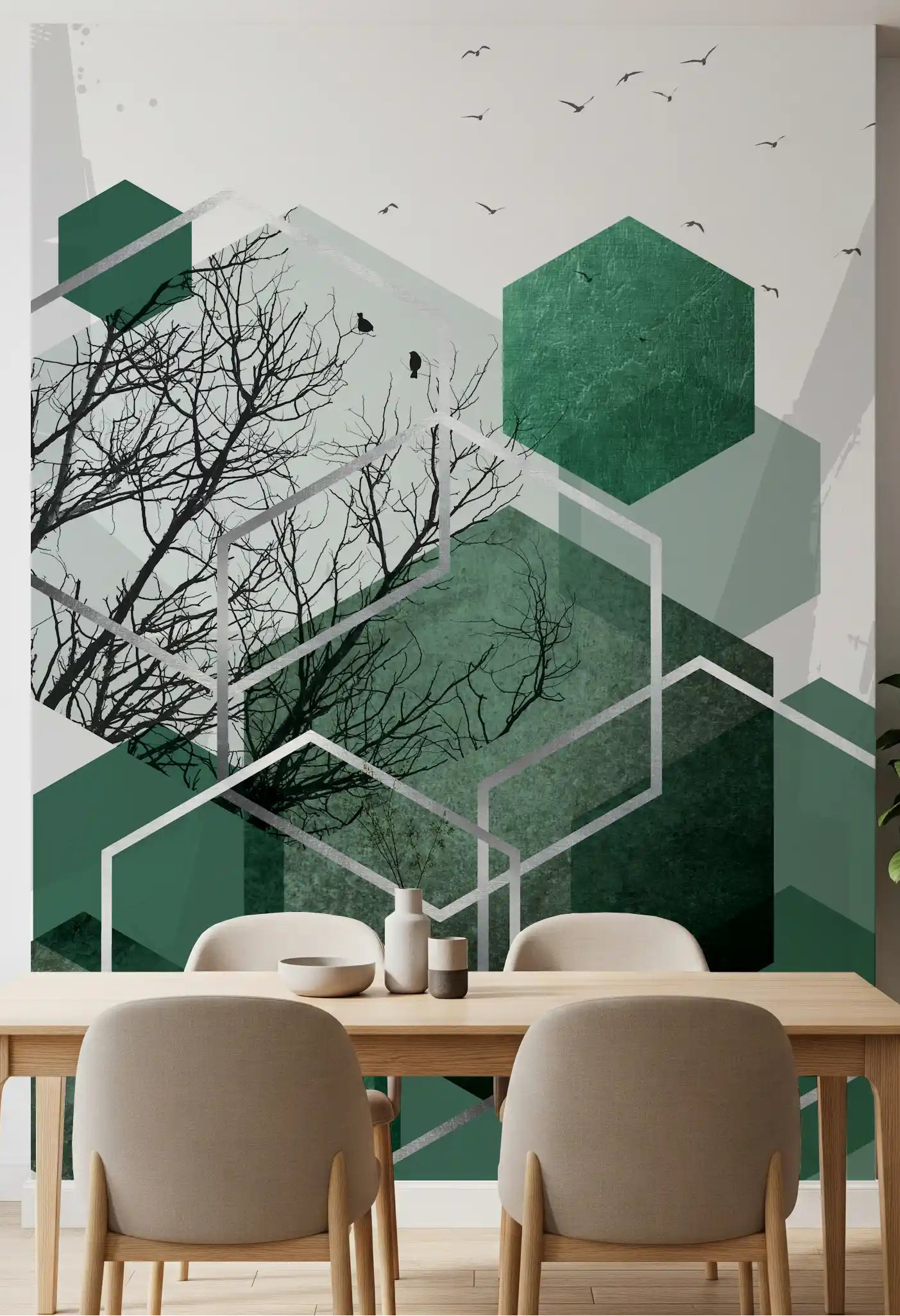 Geometric Canopy Flight Wall Mural with hexagonal shapes and birds in dining room., GD10280