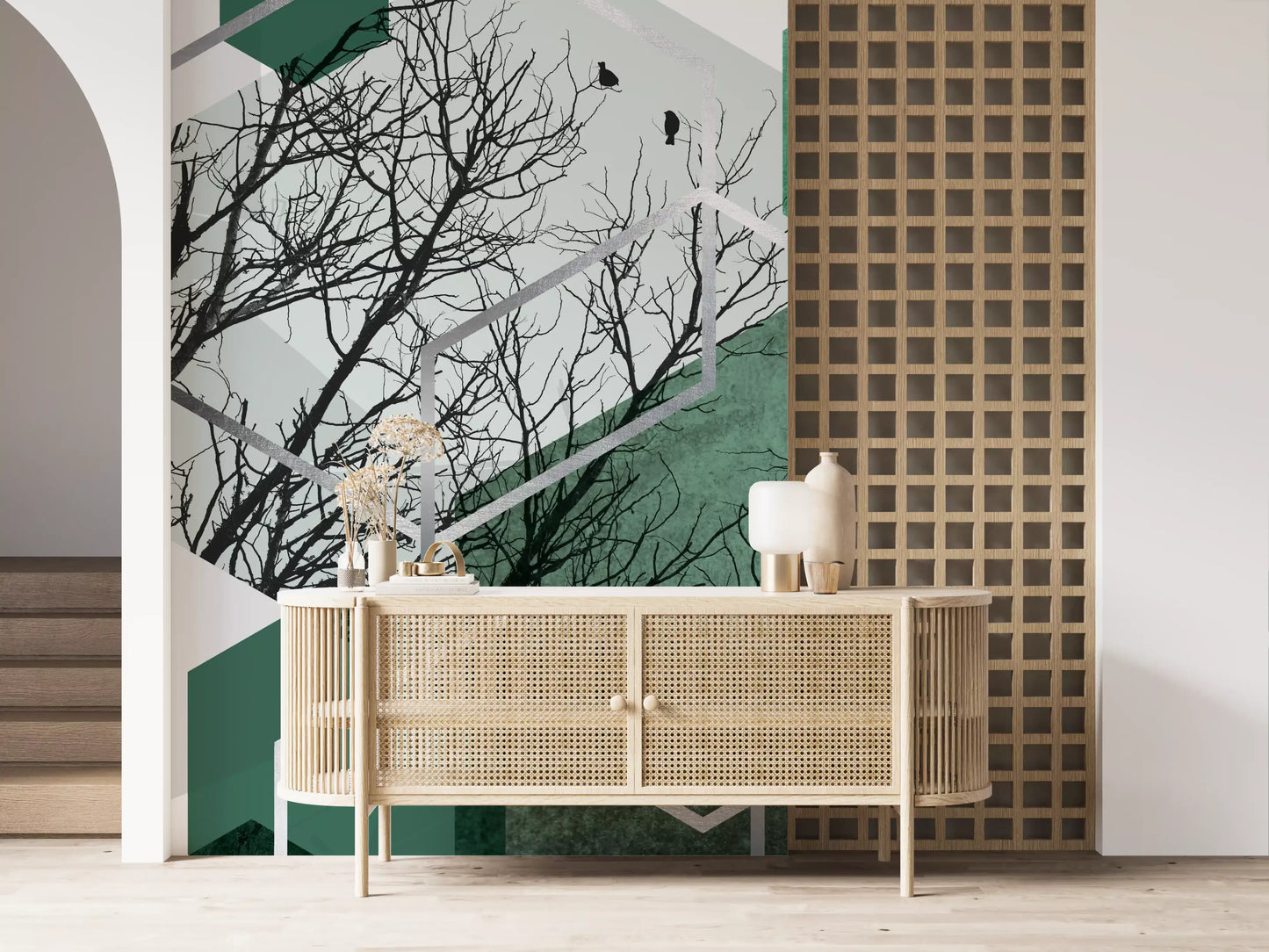 Wall mural showcasing a minimalist blend of forest branches and sharp polygons., GD10280