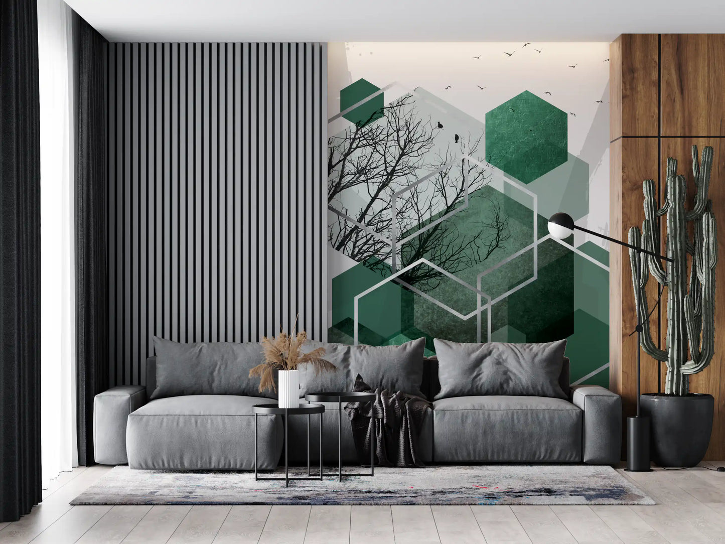 Geometric Canopy Flight Wall Mural design with intersecting silver contours., GD10280