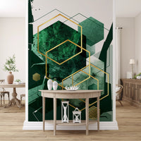 Geometric wall mural featuring gold geometric frames on green surfaces., GD10281