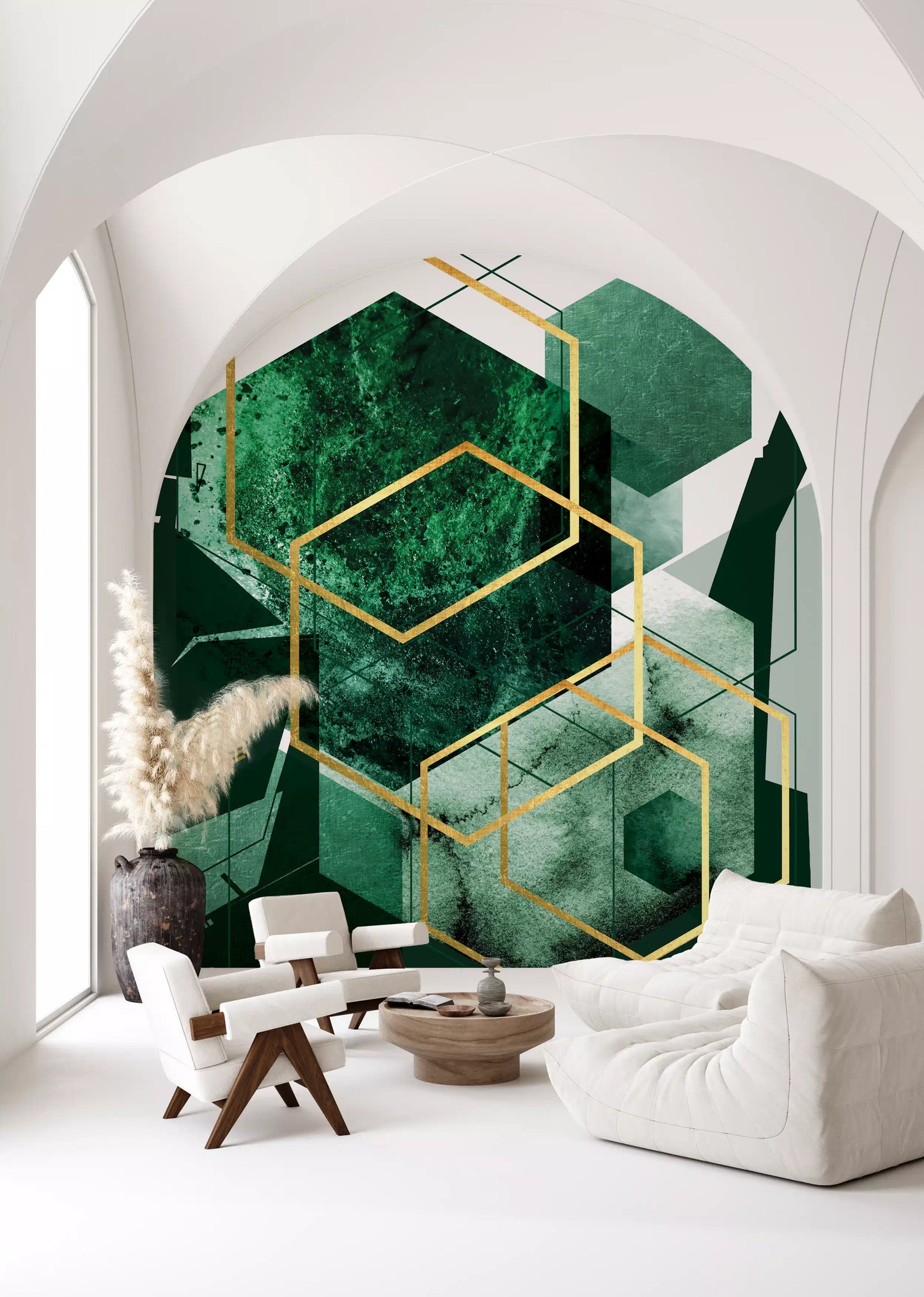 Decorative wall mural with hexagonal motifs and textured green layers., GD10281