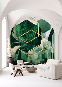 Decorative wall mural with hexagonal motifs and textured green layers., GD10281