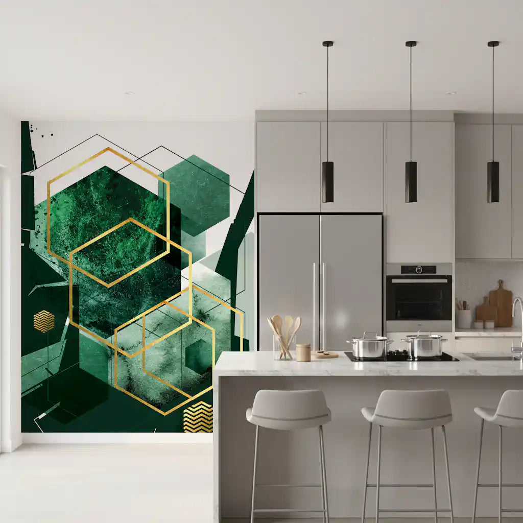 Verdant Hexagon Glamour Wall Mural for a contemporary kitchen backdrop., GD10281