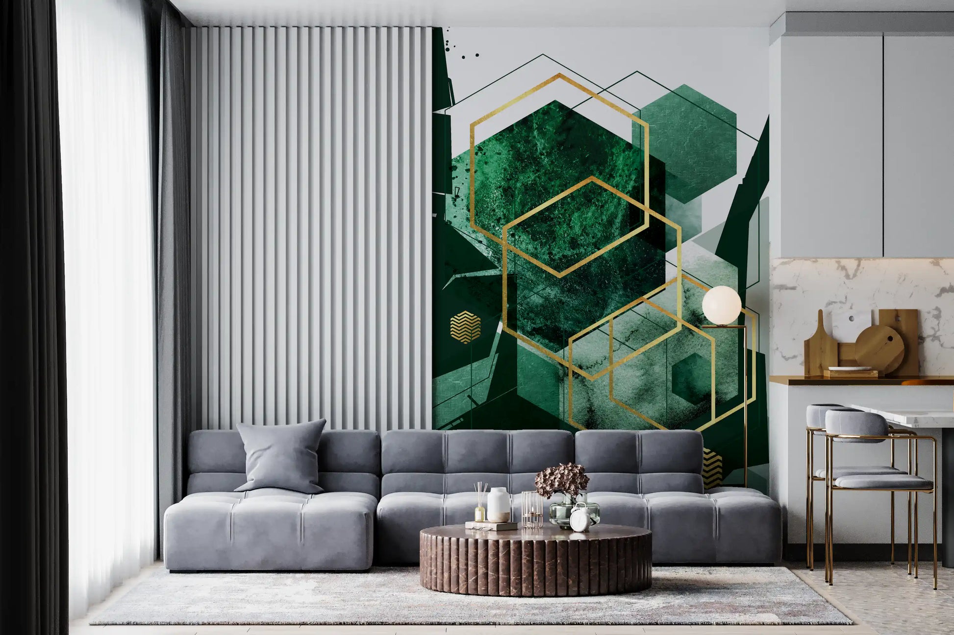 Abstract wall mural with emerald green tones and gold chevron accents., GD10281