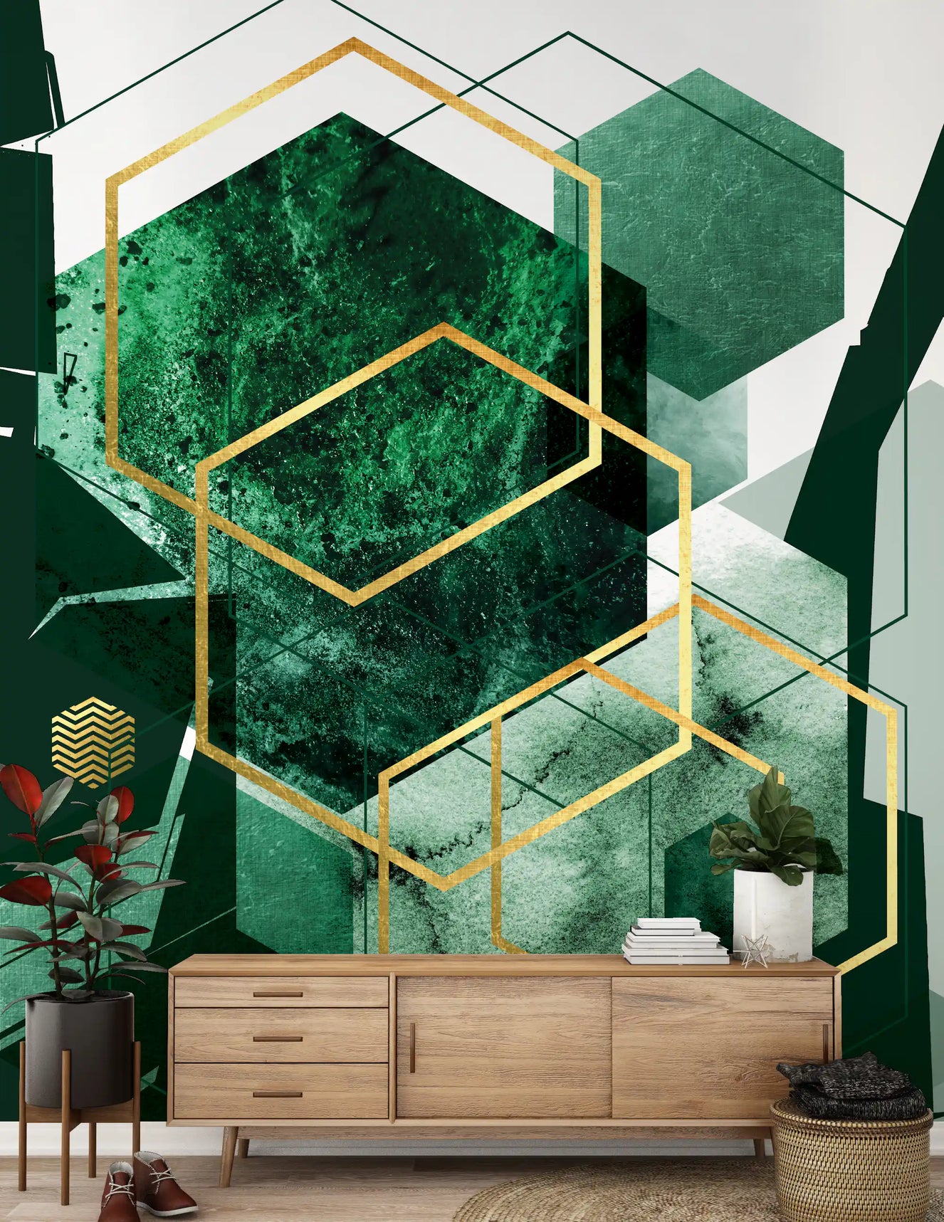 Geometric wall mural featuring dark green blocks and metallic gold frames in hallway.