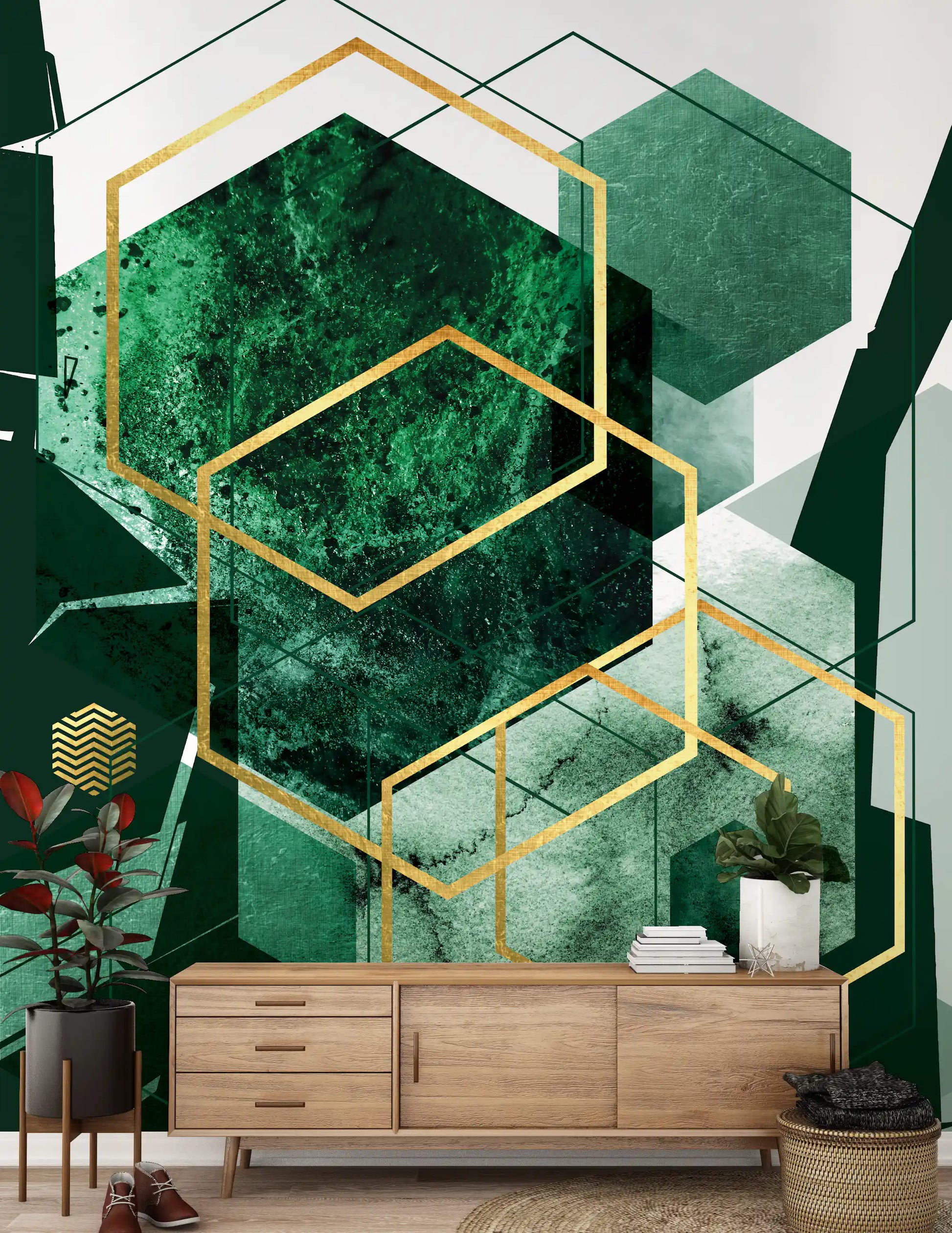 Geometric wall mural featuring dark green blocks and metallic gold frames in hallway., GD10281