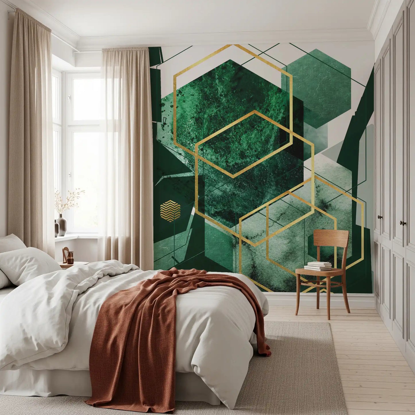 Verdant Hexagon Wall Mural for a modern home bedroom space., GD10281