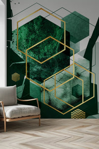 Verdant Hexagon Glamour Wall Mural for a minimalist hallway., GD10281
