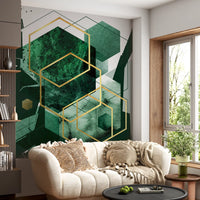 Structured wall mural featuring deep green shades and metallic lines., GD10281