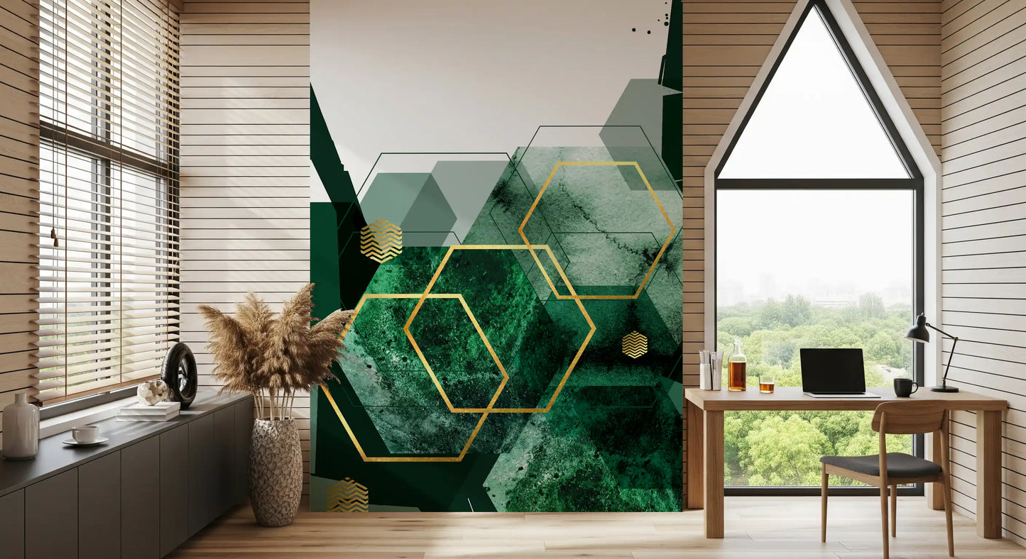 Modern study room wall mural with dark emerald blocks and gold hexagon motifs., GD10282