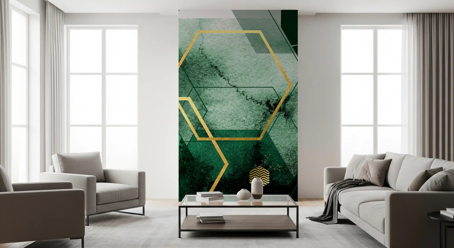 Living room wall mural with clean lines and deep green abstract hexagon shapes., GD10282