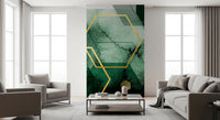 Living room wall mural with clean lines and deep green abstract hexagon shapes., GD10282