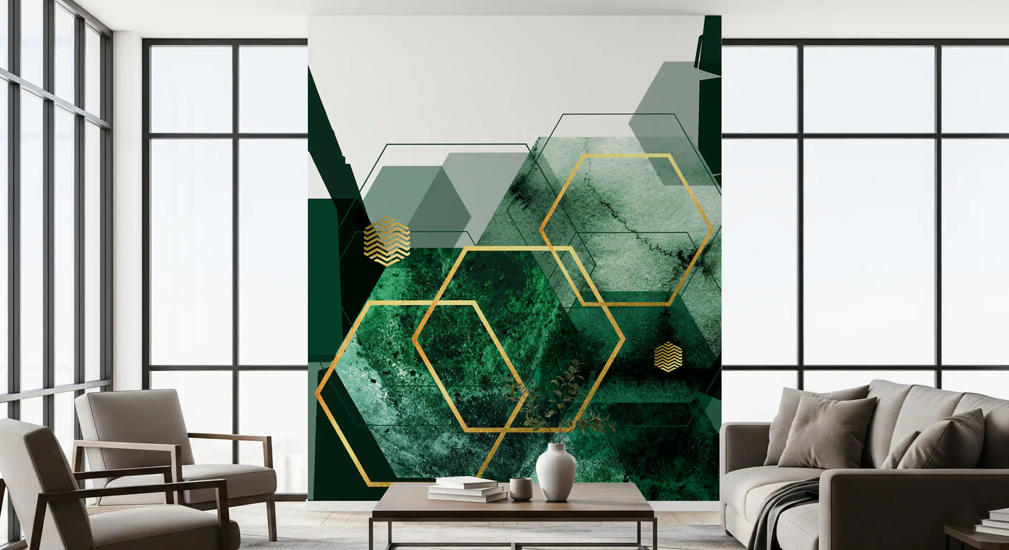 Verdant Hexagon Glamour Wall Mural with overlapping shapes and gold patterns., GD10282