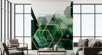 Verdant Hexagon Glamour Wall Mural with overlapping shapes and gold patterns., GD10282