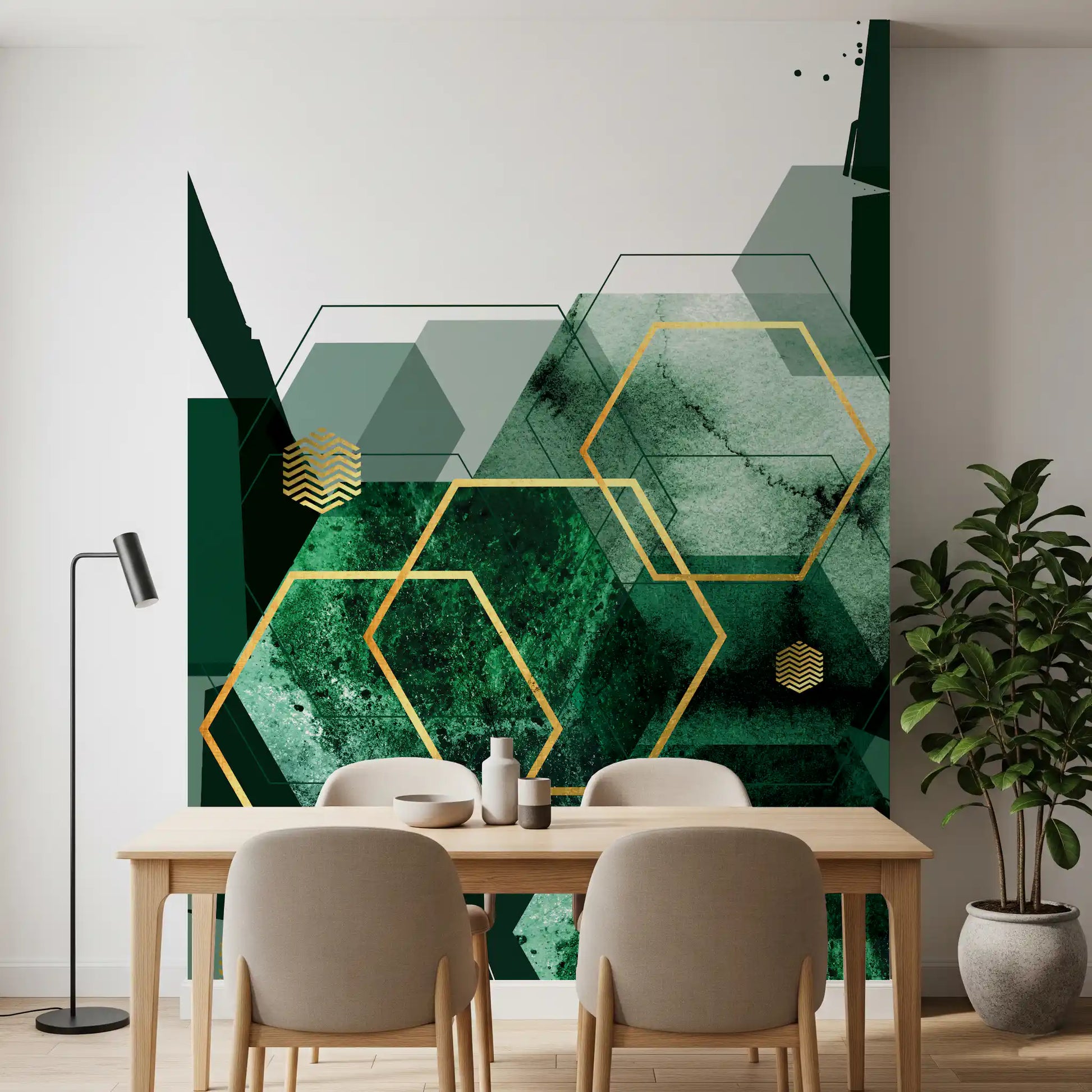 Geometric wall mural featuring dark green ink wash effects and gold outlines., GD10282