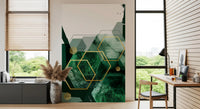 Study room wall mural showing layers of emerald green and gold geometry., GD10282