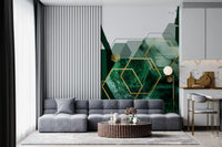 Contemporary wall mural with abstract green forms and gold geometric accents., GD10282