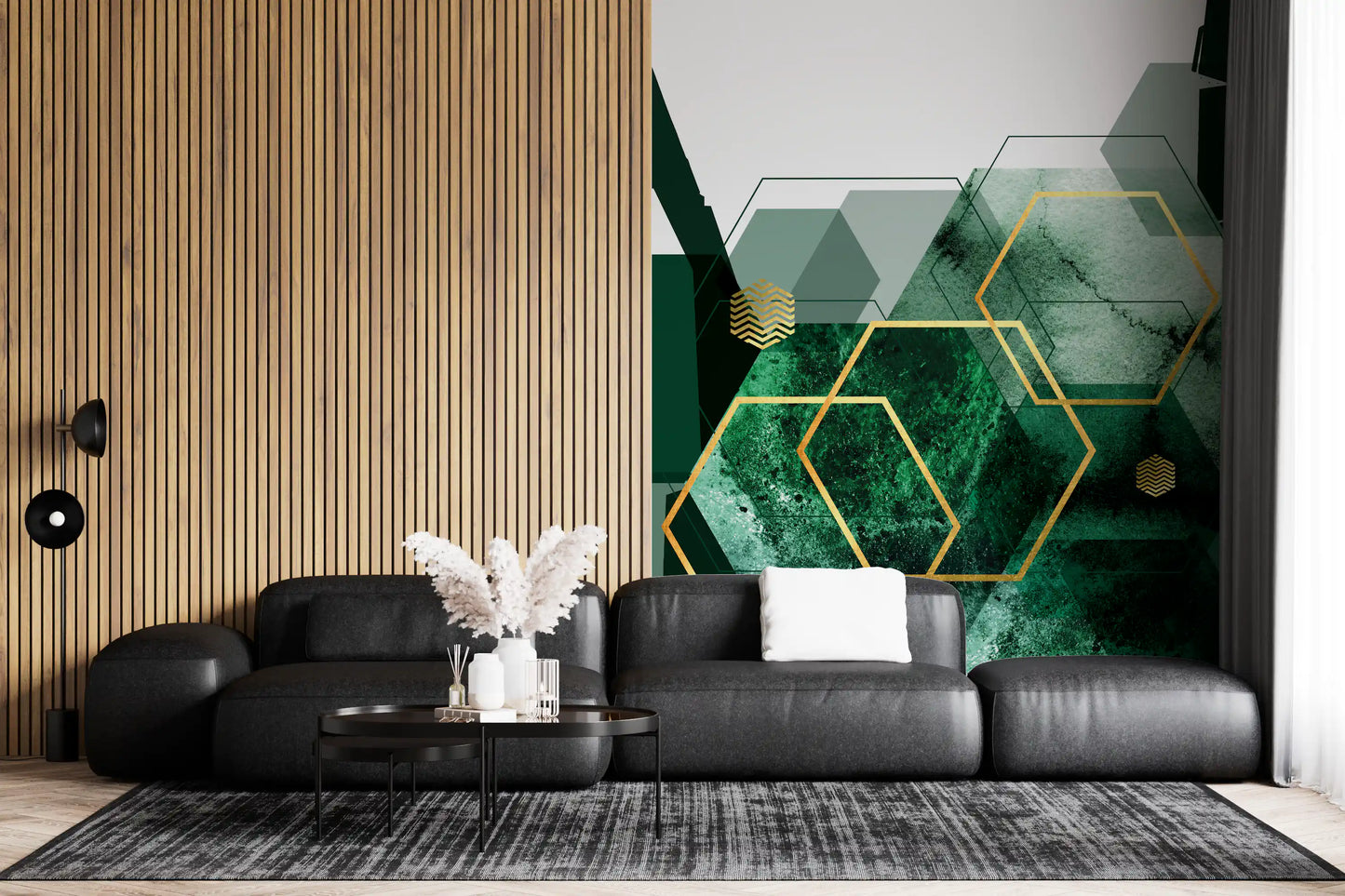 Verdant Hexagon Glamour Wall Mural styled with minimalist gold geometric details., GD10282