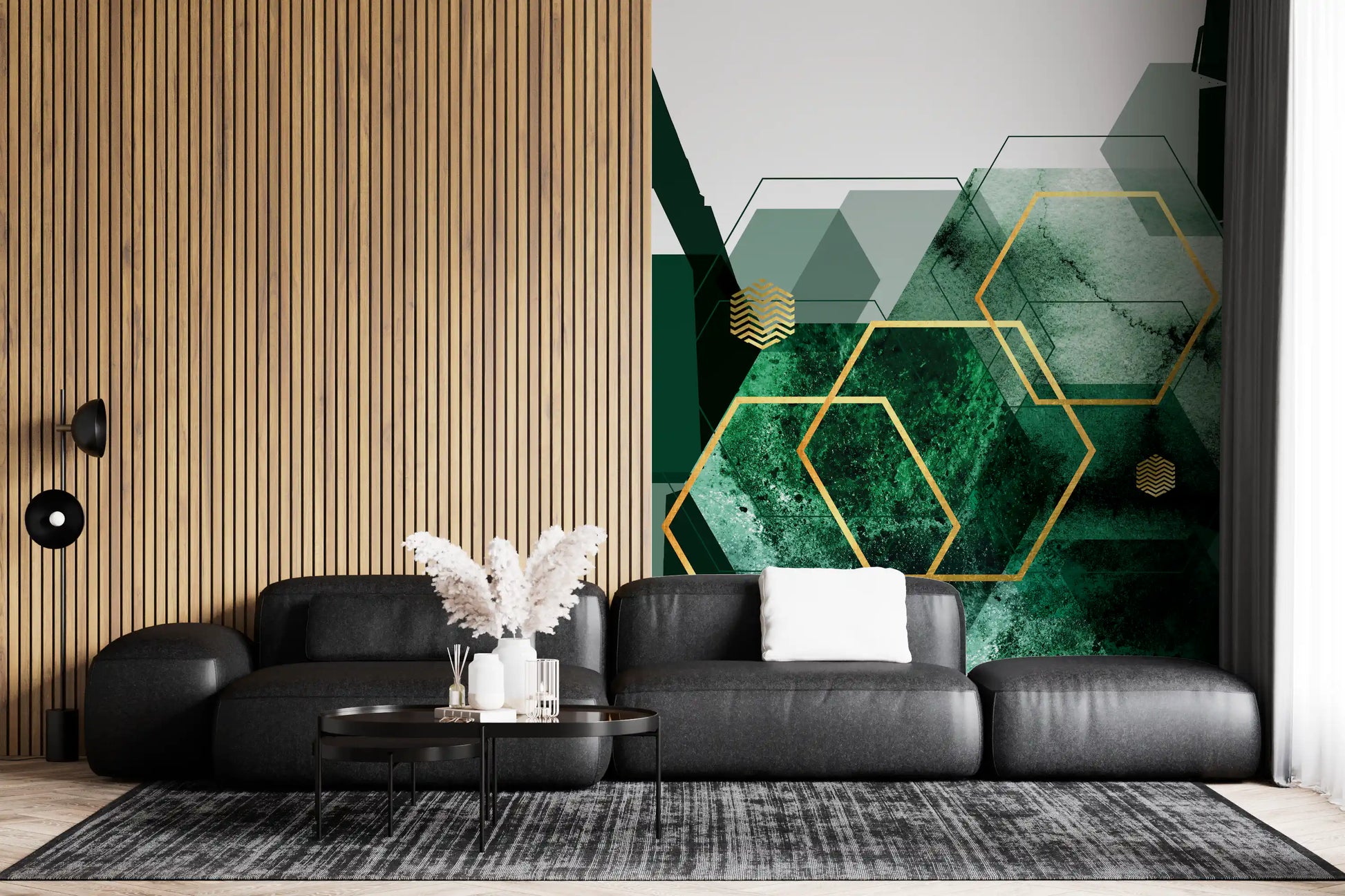 Verdant Hexagon Glamour Wall Mural styled with minimalist gold geometric details., GD10282