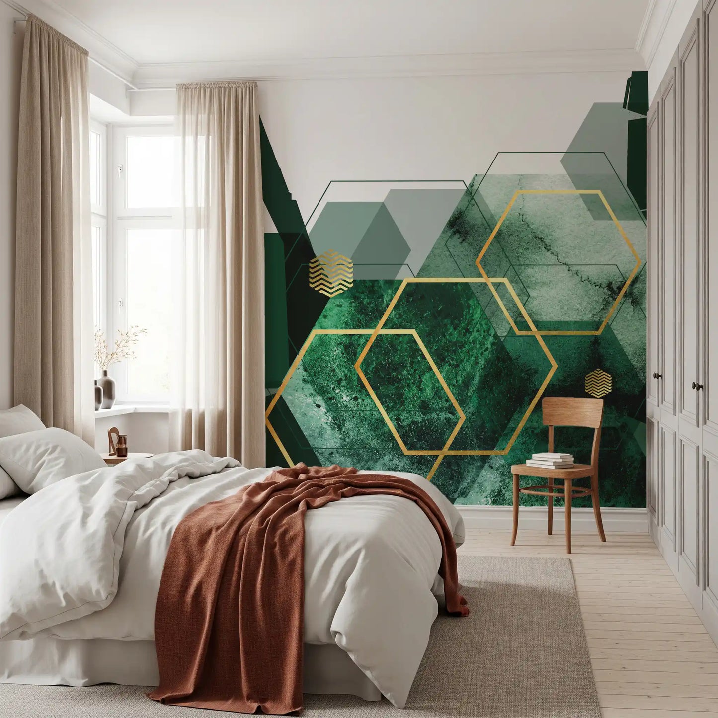 Bedroom wall mural displaying bold green textures and metallic gold geometric art., GD10282