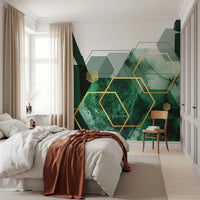 Bedroom wall mural displaying bold green textures and metallic gold geometric art., GD10282